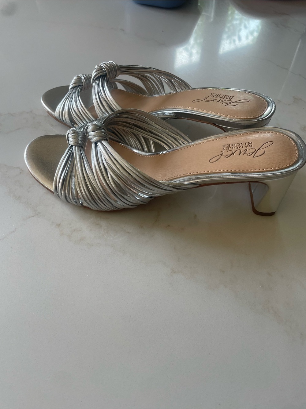 Badgley Mischka Silver Knotted Multi-Strap Mules